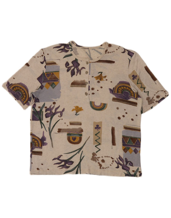 Camiseta feminina vintage UK 16 grande viscose geométrica bege