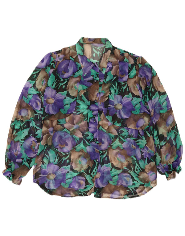 Blusa feminina vintage transparente UK 18 XL floral multicolorida