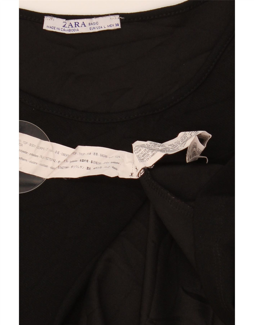 ZARA Vestido feminino manga 3/4, Reino Unido 14, grande, preto, poliéster