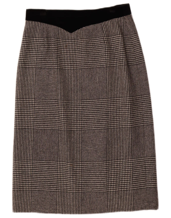 Saia midi feminina Louis Feraud UK 16 grande W30 cinza houndstooth lã