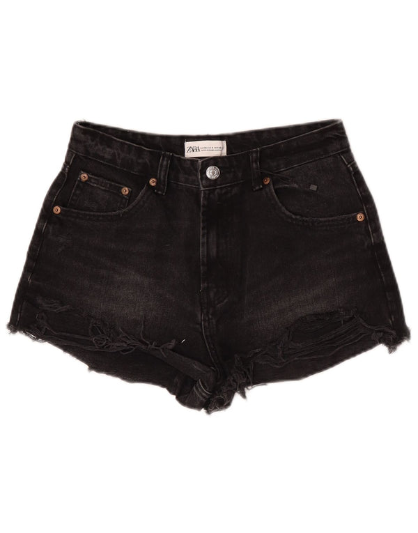 Zara Shorts jeans feminino desgastado UE 36 XS W26 algodão preto