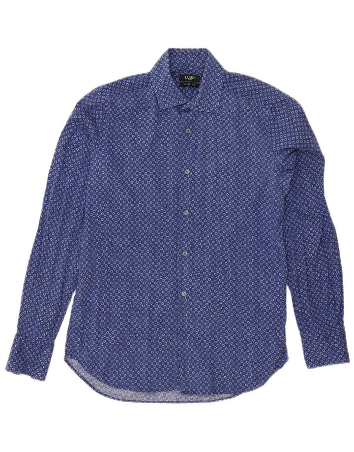 Liu Jo Camisa masculina slim fit de algodão manchado azul médio