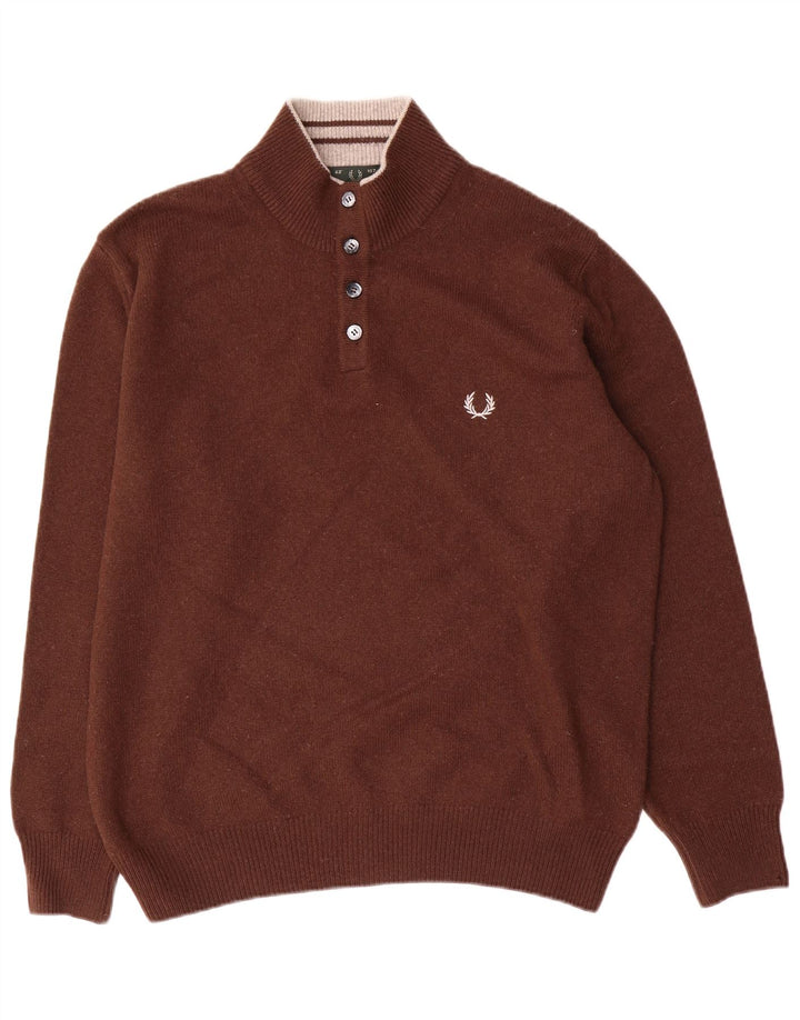 Suéter masculino Fred Perry com gola e botão, grande lã marrom