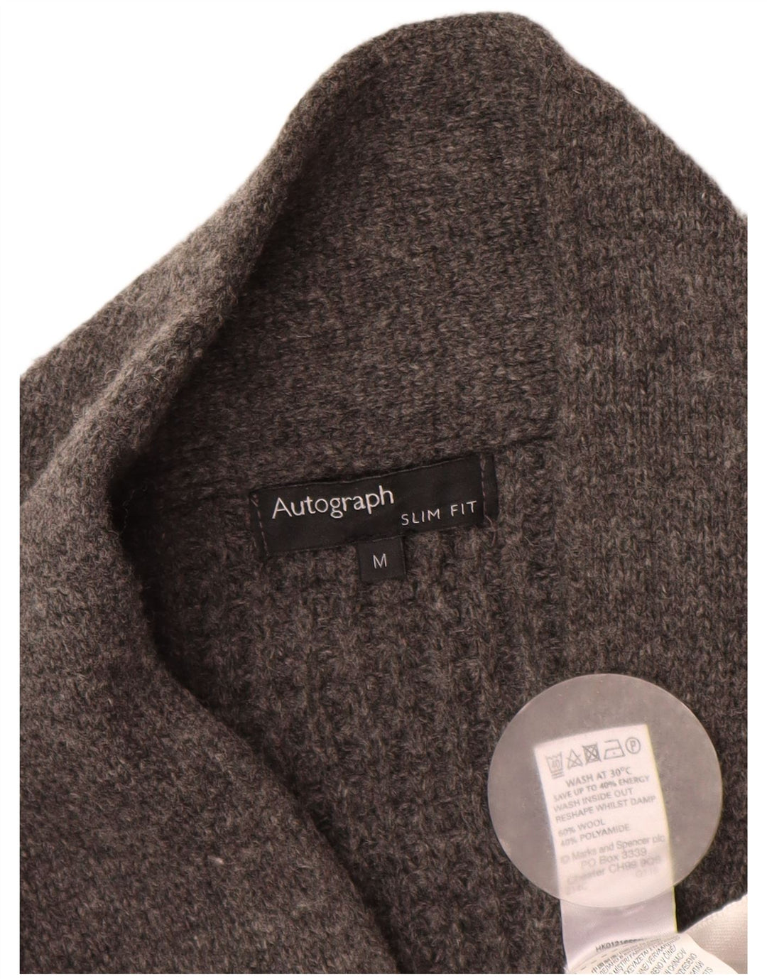 Suéter cardigã masculino Marks & Spencer Autograph Slim Fit lã cinza médio