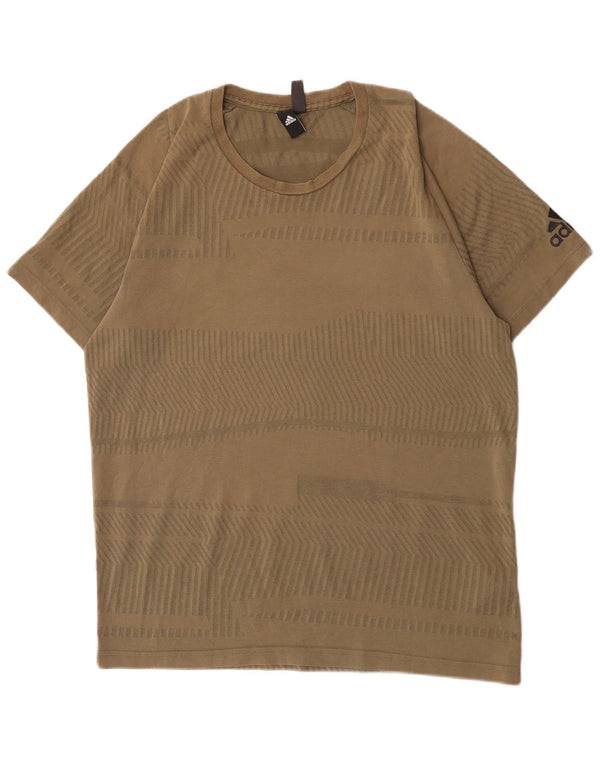 Adidas Mens Camiseta Top Grande Algodão Listrado Cáqui