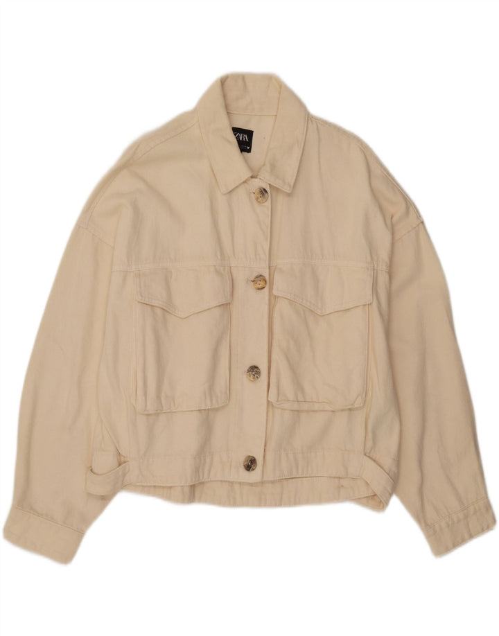 Zara Womens Crop Oversized Denim Jacket Reino Unido 16 Grande Off White Cotton