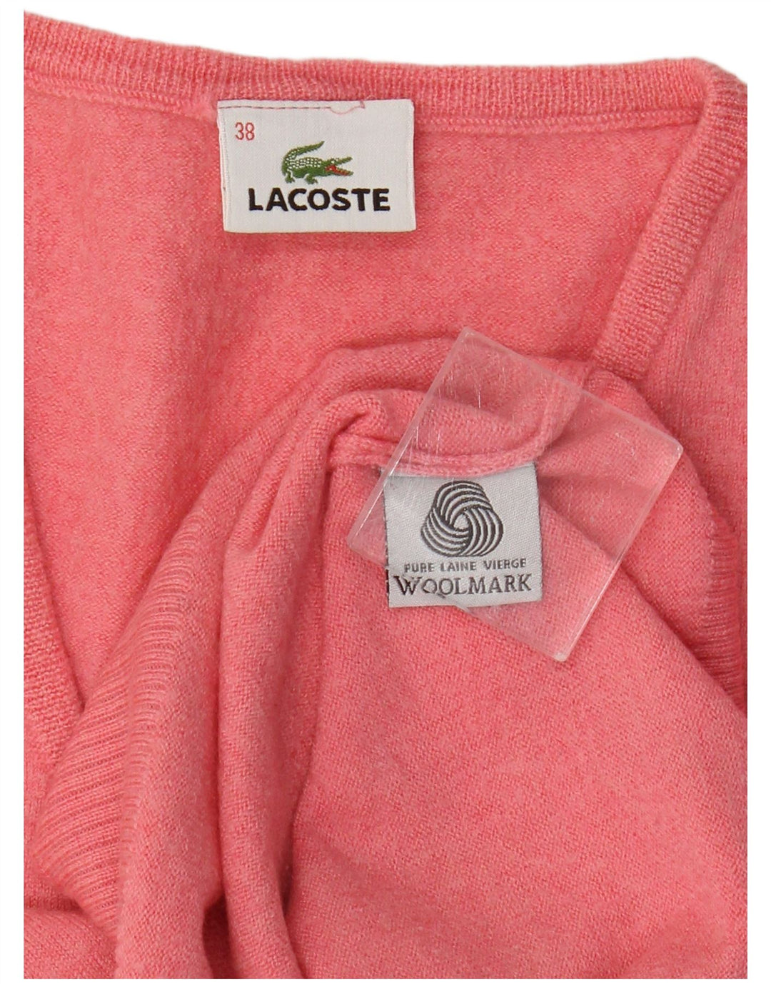 Suéter feminino Lacoste com decote em V tamanho 38 lã virgem rosa médio