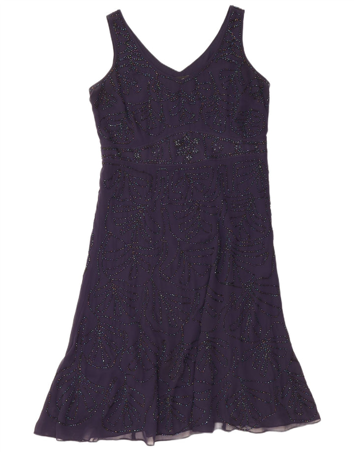 Vestido feminino Marks & Spencer sem mangas evasê Reino Unido 16 grande roxo poliéster