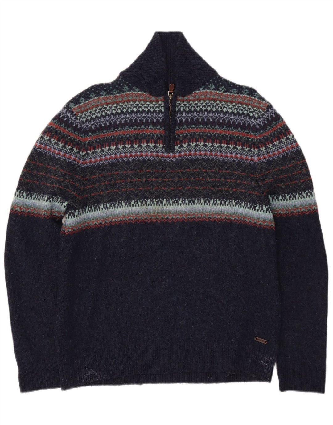 Suéter masculino branco com gola polo, grande, azul marinho, lã Fair Isle