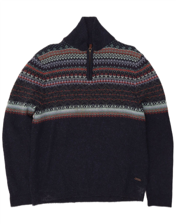 Suéter masculino branco com gola polo, grande, azul marinho, lã Fair Isle