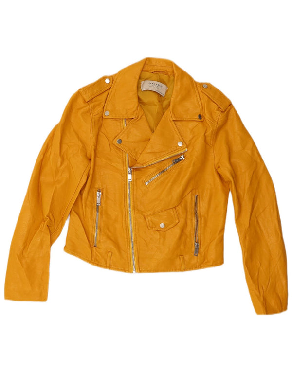 Jaqueta feminina de couro sintético Zara para motociclista UK 10 pequena viscose amarela