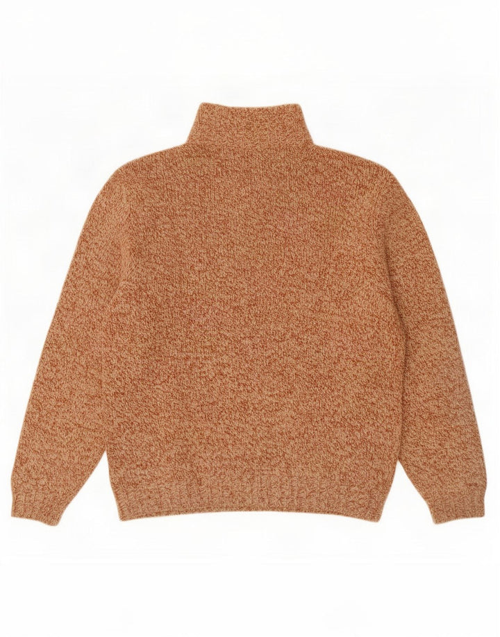 Suéter vintage masculino com gola com botão e lã grande marrom manchada