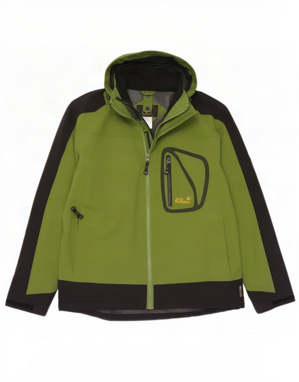 Jaqueta de chuva masculina com capuz Jack Wolfskin Reino Unido 40/42 bloco colorido verde médio