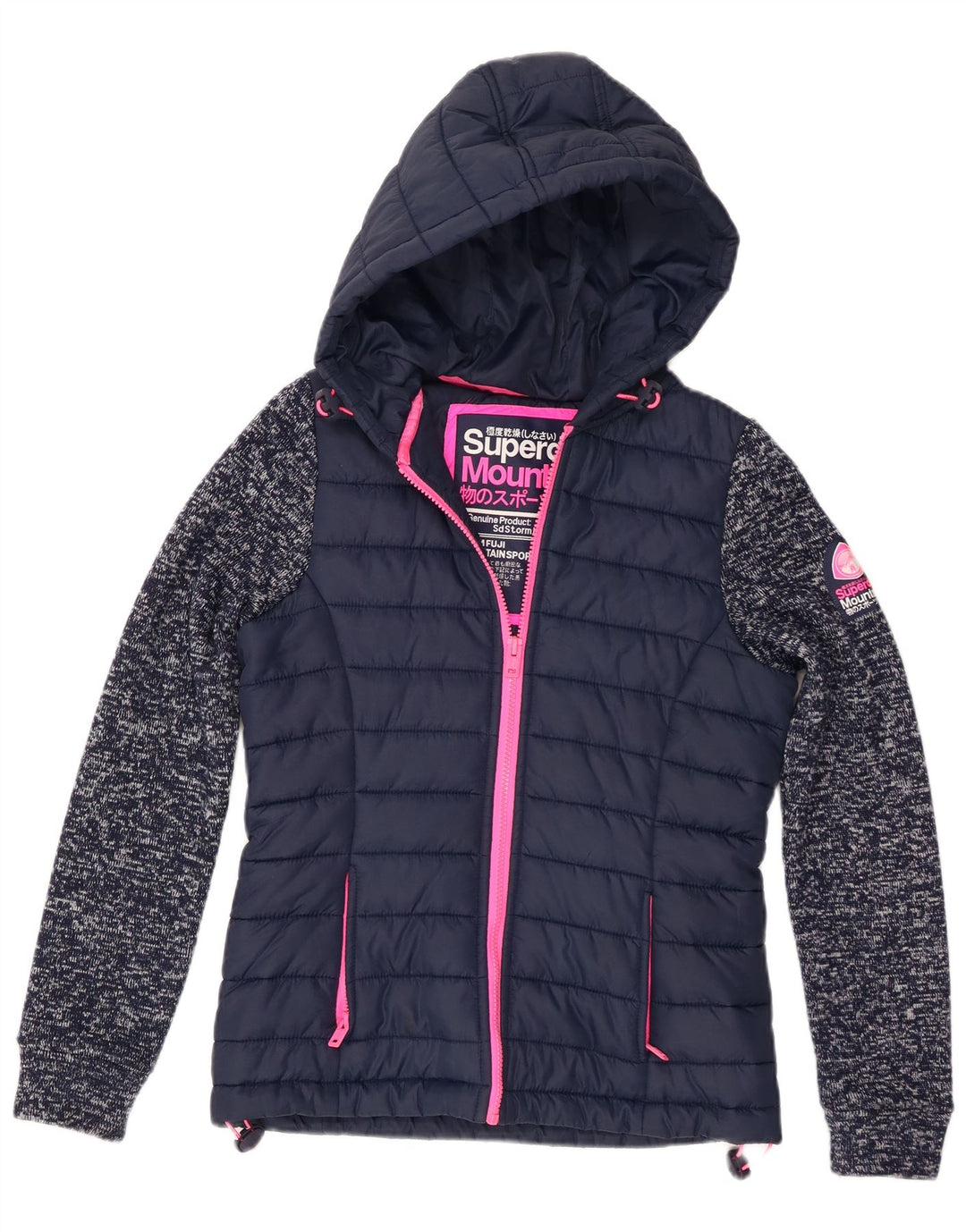 Jaqueta acolchoada com capuz feminina Superdry UK 8 poliéster manchado azul marinho pequeno