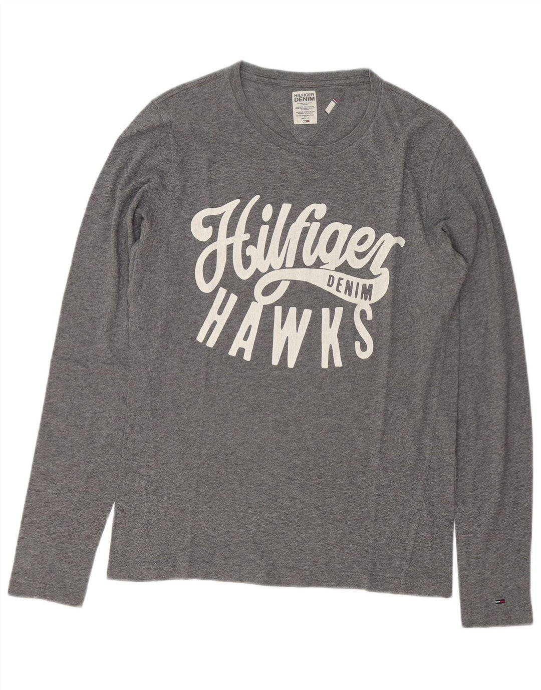 Tommy Hilfiger Camiseta masculina gráfica manga comprida pequena algodão manchado cinza