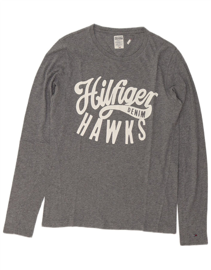Tommy Hilfiger Camiseta masculina gráfica manga comprida pequena algodão manchado cinza
