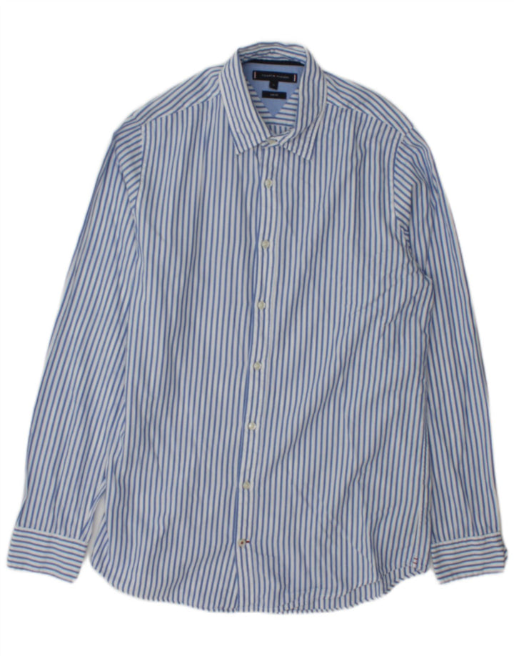 Tommy Hilfiger Camisa masculina Slim Fit de algodão listrado azul médio