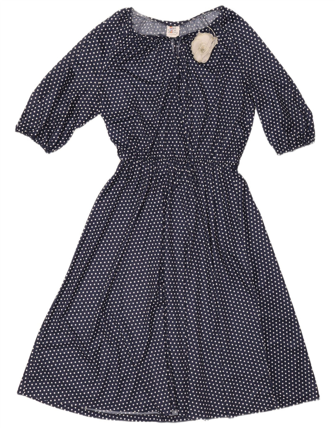 Vestido vintage feminino transparente evasê UK 10 pequeno azul marinho poliéster