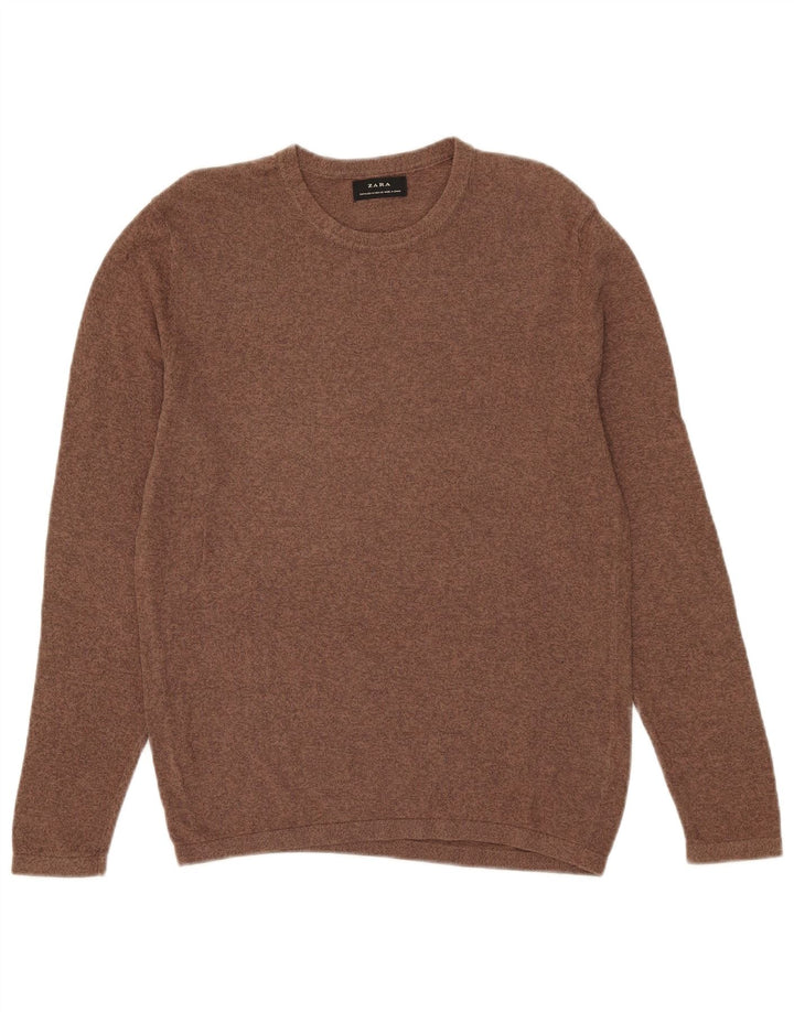 Zara Suéter masculino com gola redonda e algodão manchado marrom médio