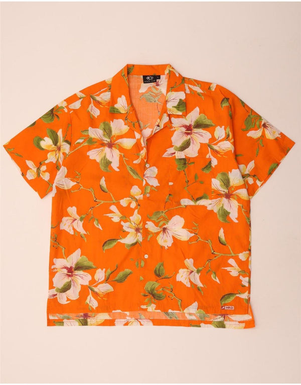 Camisa masculina vintage de manga curta grande laranja floral havaiano