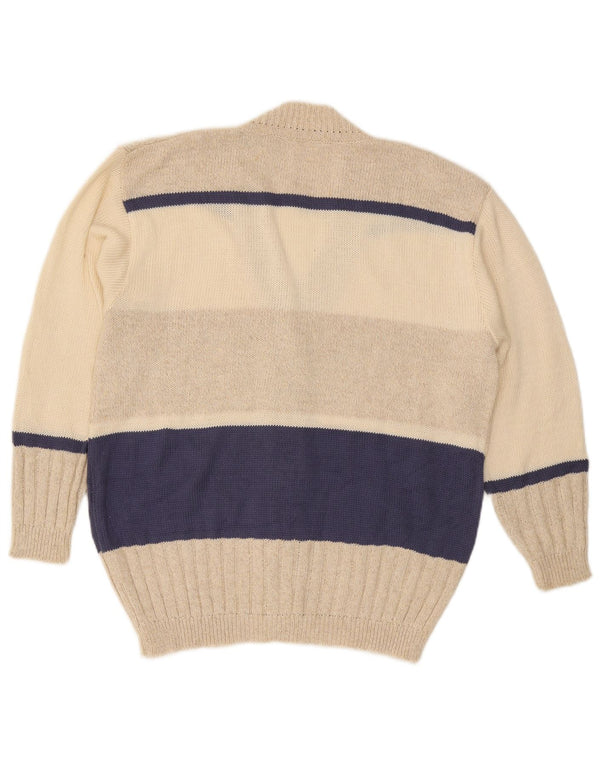 Suéter cardigã feminino vintage Reino Unido 18 XL algodão listrado bege