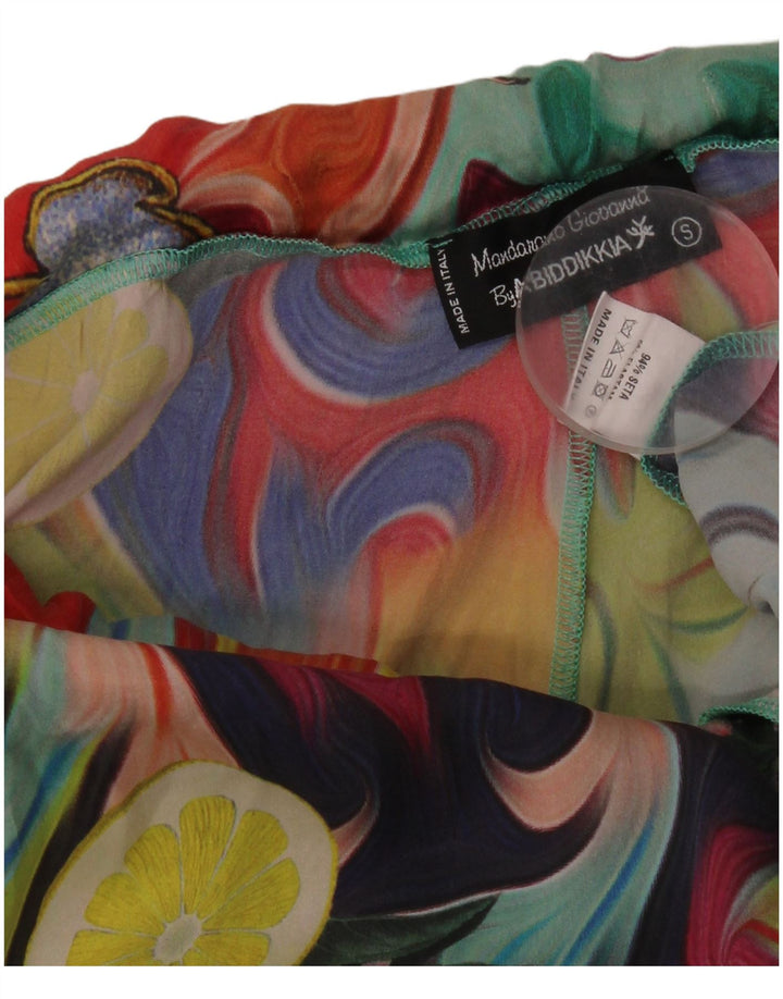 Calça feminina vintage com padrão abstrato flare pequena W26 L29 multicolorida