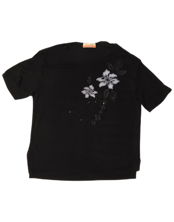 Camiseta feminina vintage UK 16 grande preta floral
