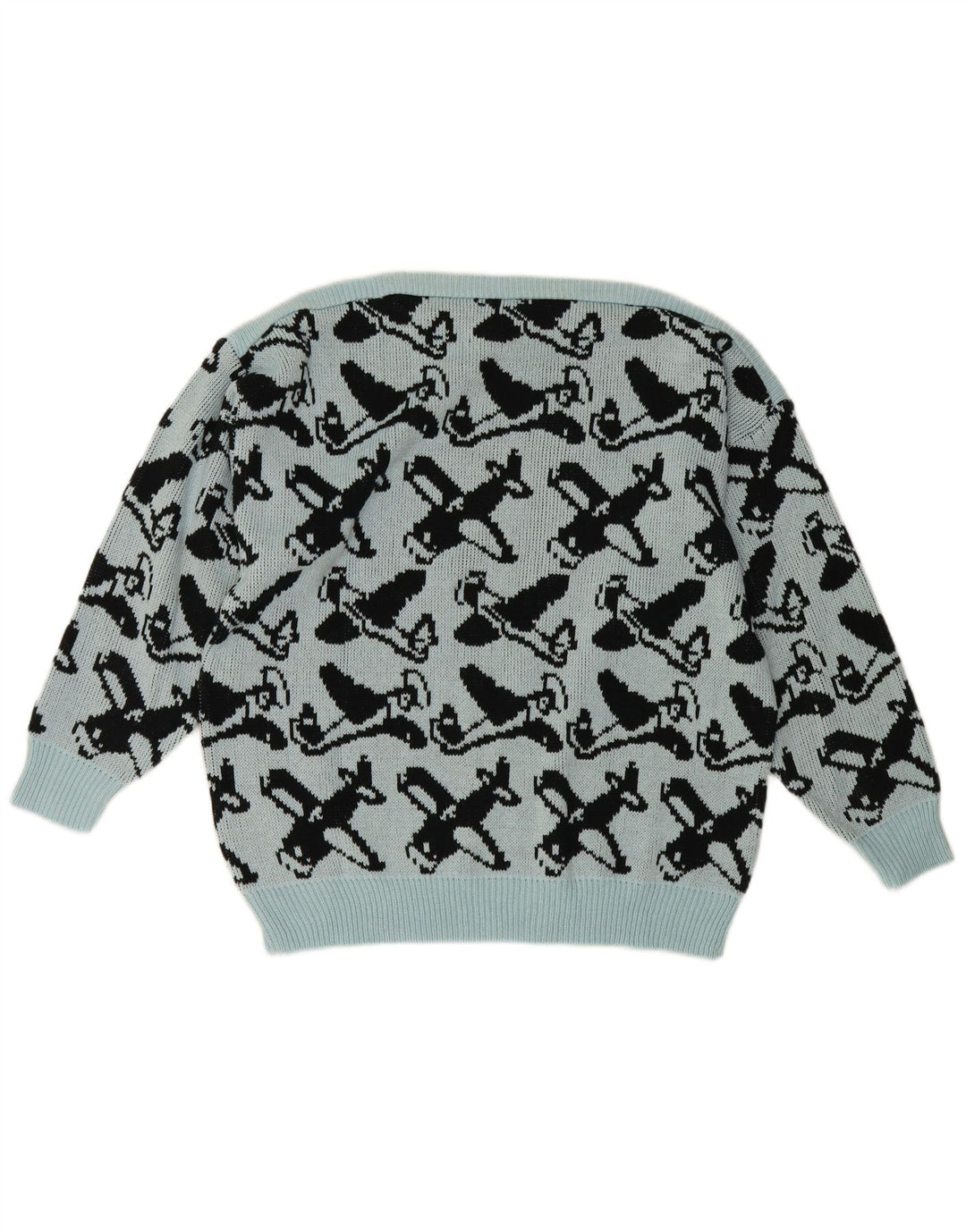 Suéter feminino vintage com padrão abstrato e gola canoa UE 40 azul médio
