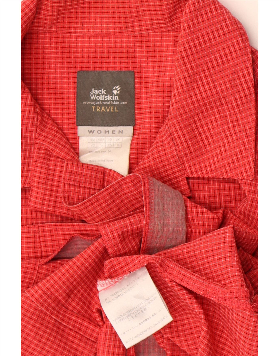 Camisa feminina de manga curta Jack Wolfskin Reino Unido 8 poliéster xadrez vermelho pequeno