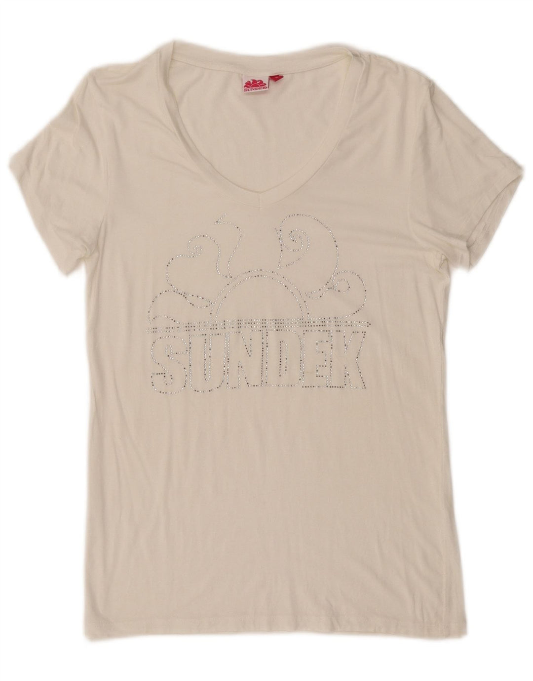 Camiseta feminina gráfica SUNDEK UK 14 grande branca