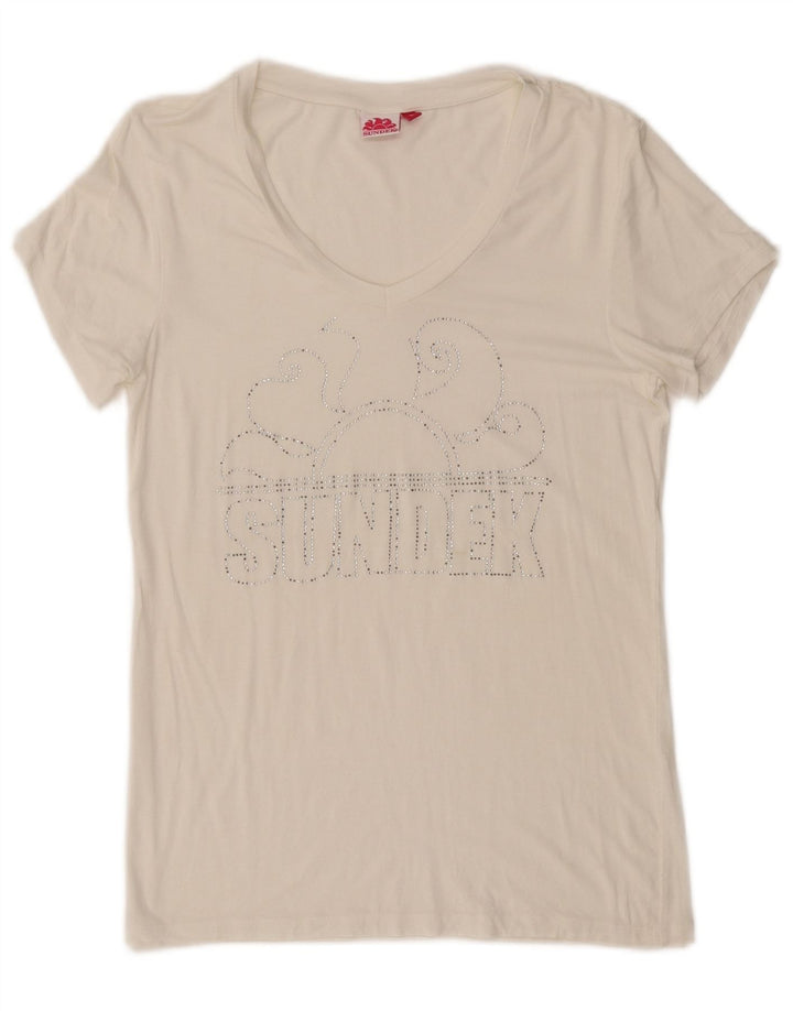 Camiseta feminina gráfica SUNDEK UK 14 grande branca