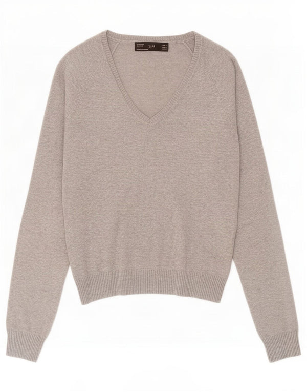 Suéter feminino Zara com decote em V Reino Unido 8 algodão manchado cinza pequeno