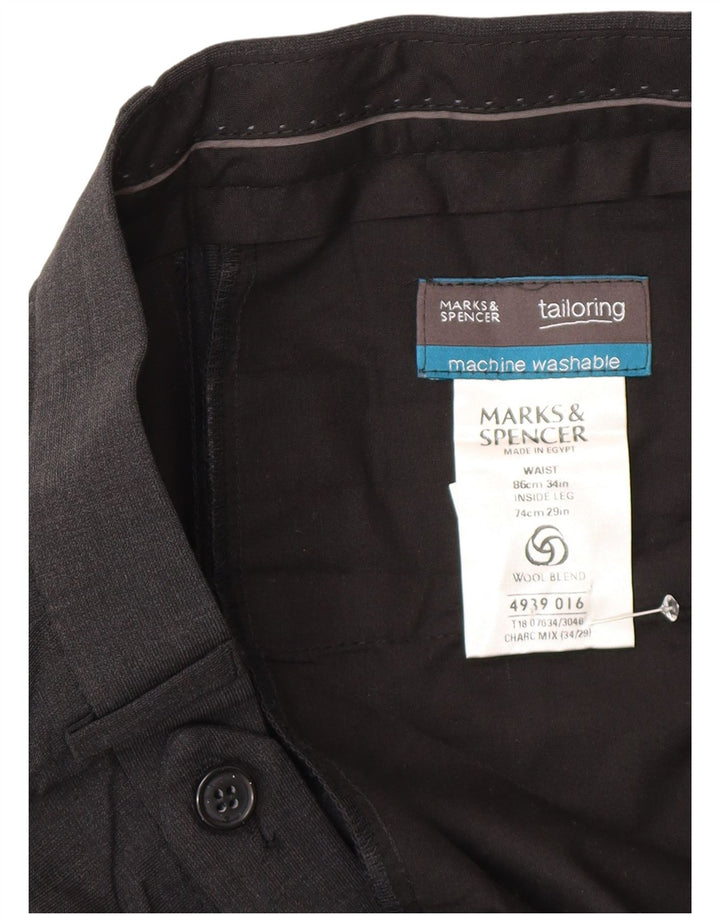 Calça masculina Marks & Spencer sob medida com pregas W34 L29 poliéster cinza