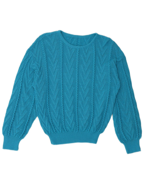 Suéter feminino vintage com gola redonda UK 12 azul médio