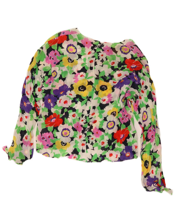 Blusa feminina vintage de manga comprida UK 16 grande floral multicolorida