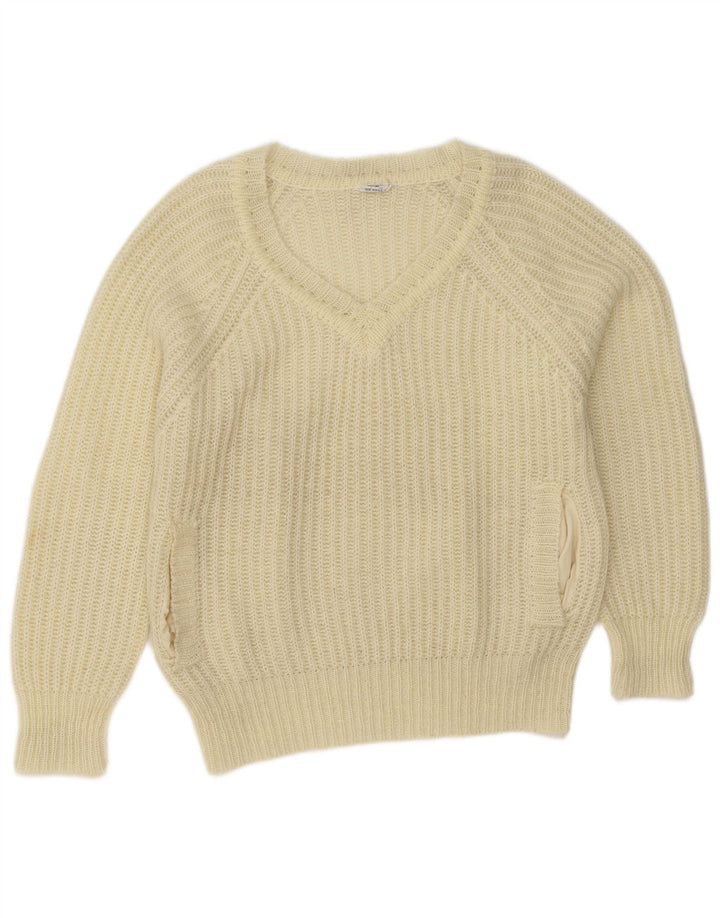 Suéter feminino vintage com decote em V UE 38 médio off white acrílico