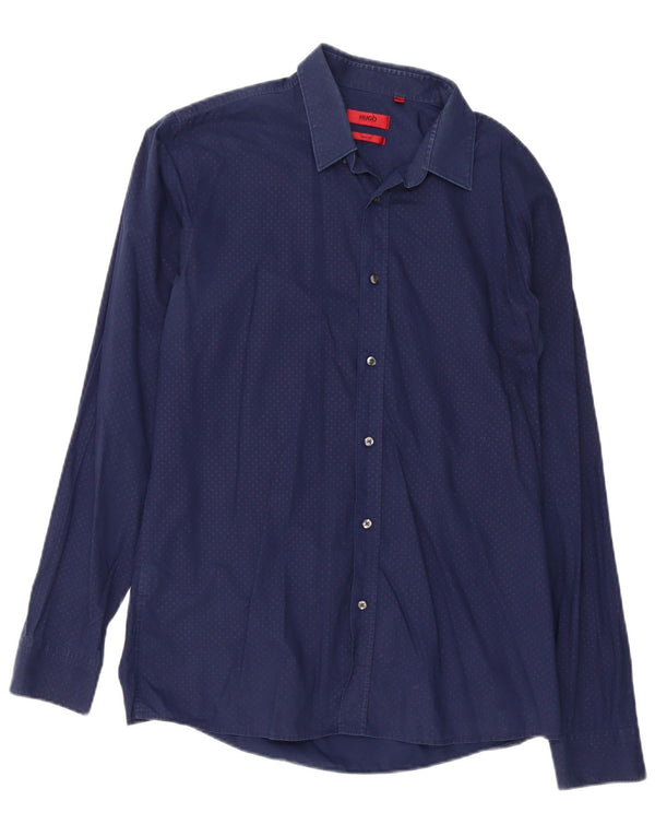 Camisa masculina Hugo Boss Slim Fit grande algodão manchado azul marinho
