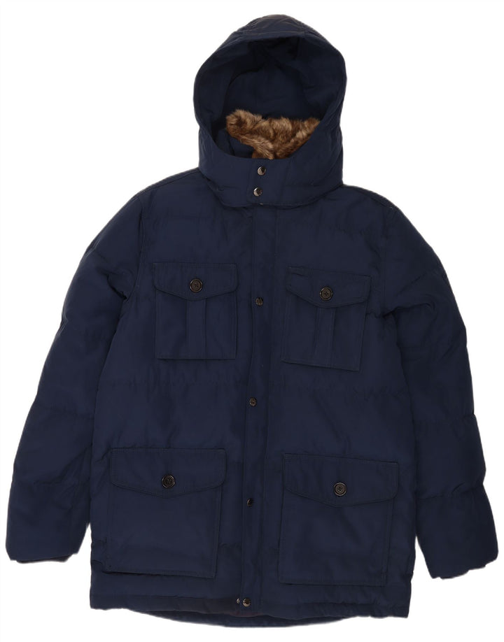 Jaqueta masculina acolchoada com capuz Tommy Hilfiger Reino Unido 44 2XL poliéster azul marinho
