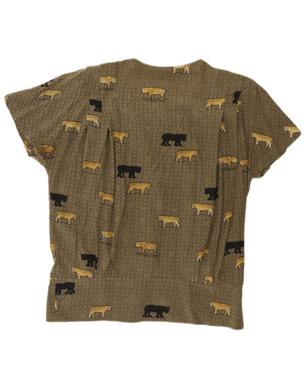 Blusa feminina vintage de manga curta IT 48 XL cáqui estampa animal