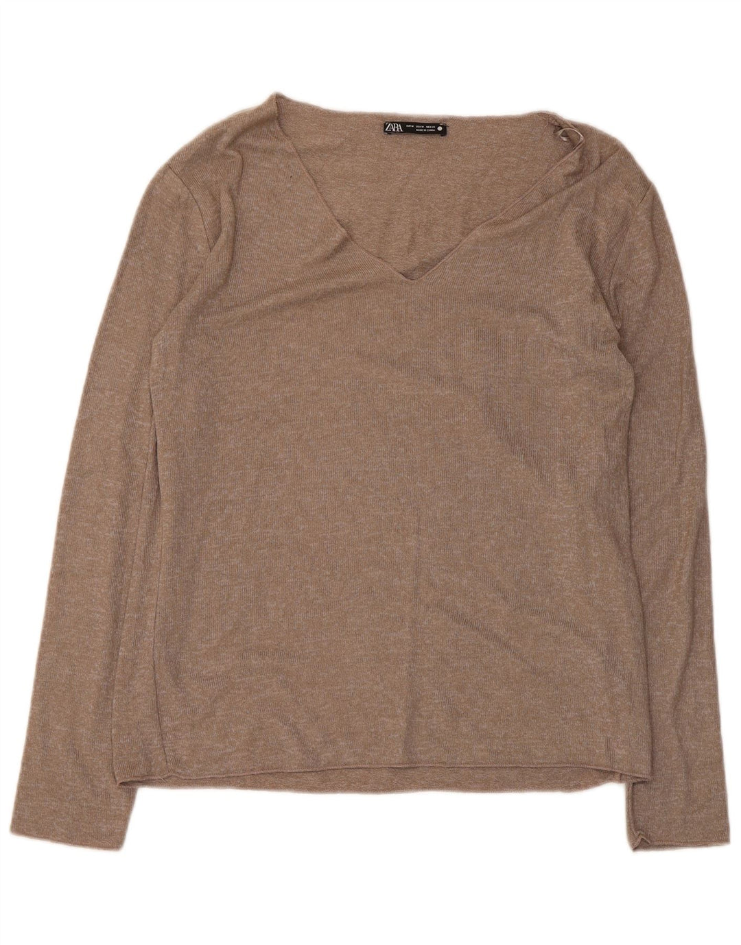 Top feminino Zara de manga comprida UK 12 viscose marrom médio