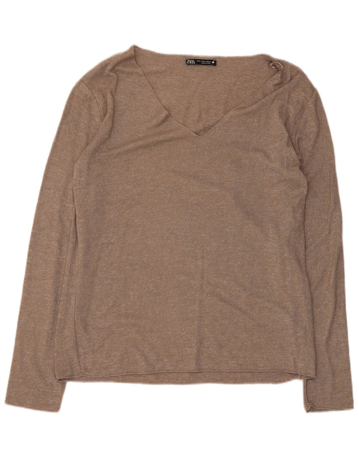 Top feminino Zara de manga comprida UK 12 viscose marrom médio