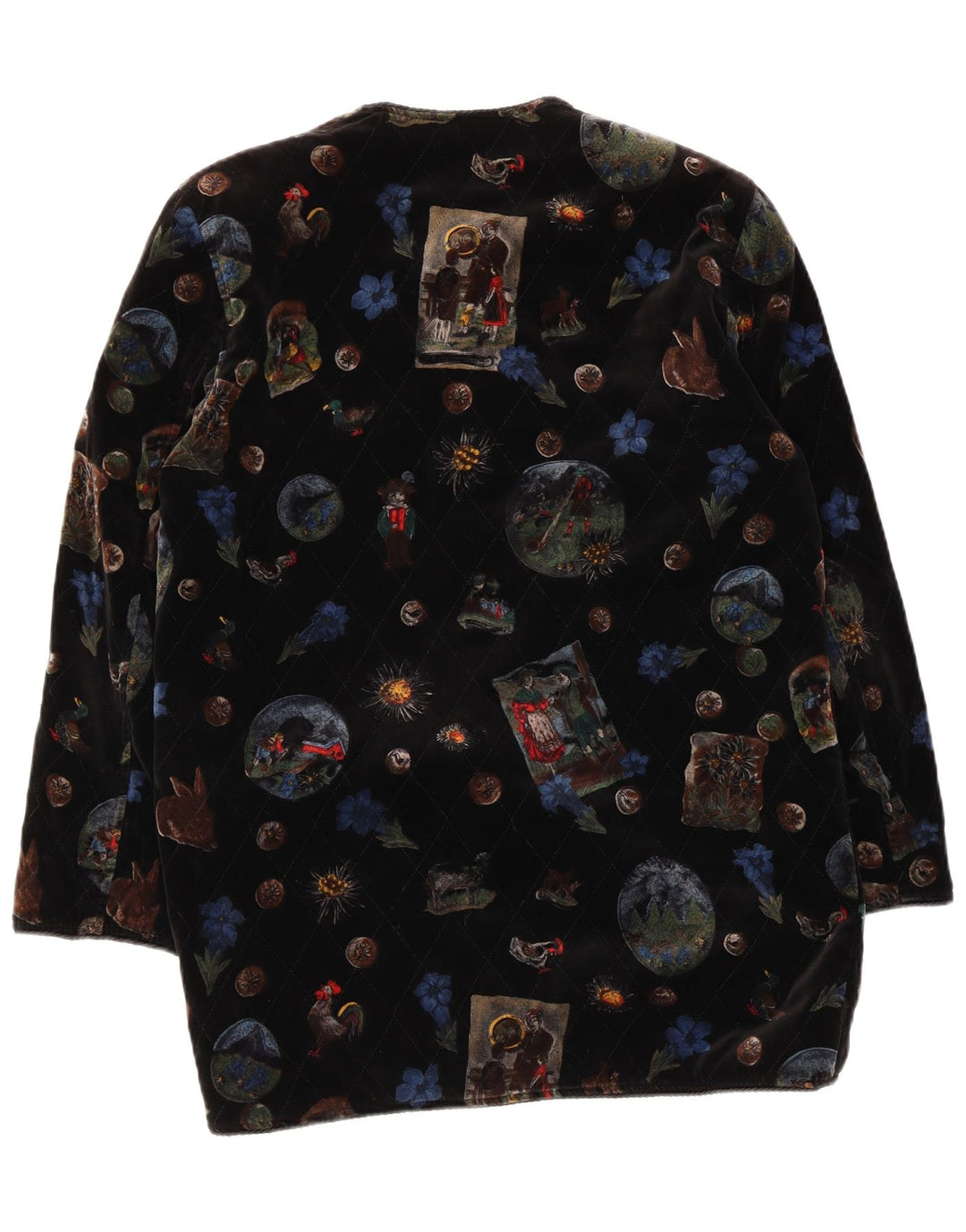 Sobretudo feminino vintage de veludo gráfico UK 12 médio preto floral