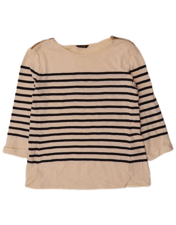 Top feminino Massimo Dutti manga 3/4 Reino Unido 12 algodão listrado branco médio