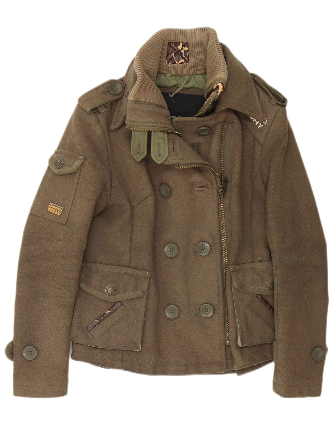 Jaqueta militar feminina Superdry UK 10 pequena lã cáqui