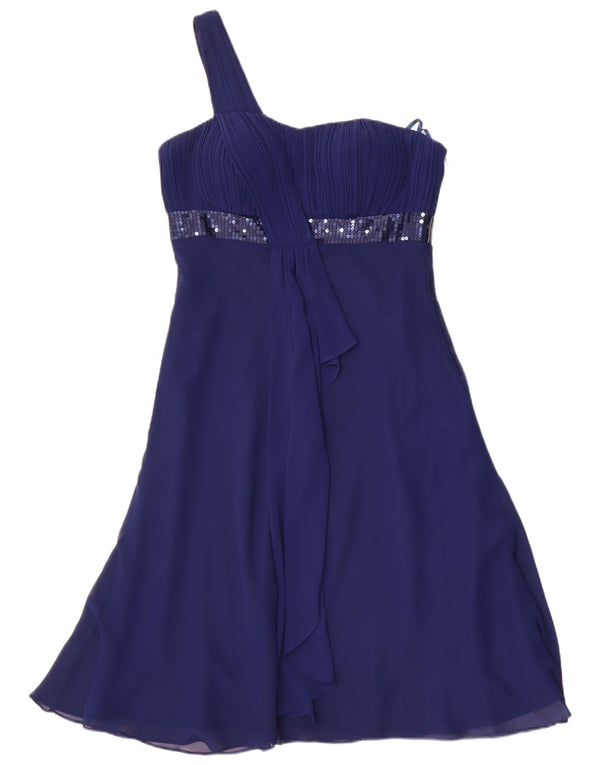 Debut vestido feminino de um ombro UK 12 poliéster azul médio