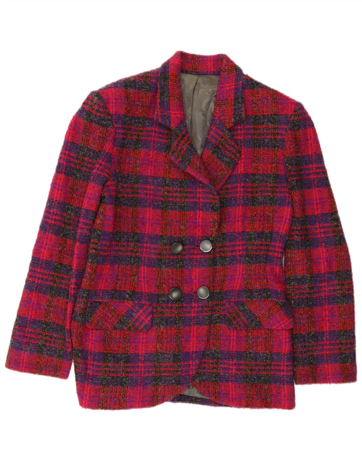 Jaqueta blazer feminina vintage com peito duplo Reino Unido 12 xadrez rosa médio