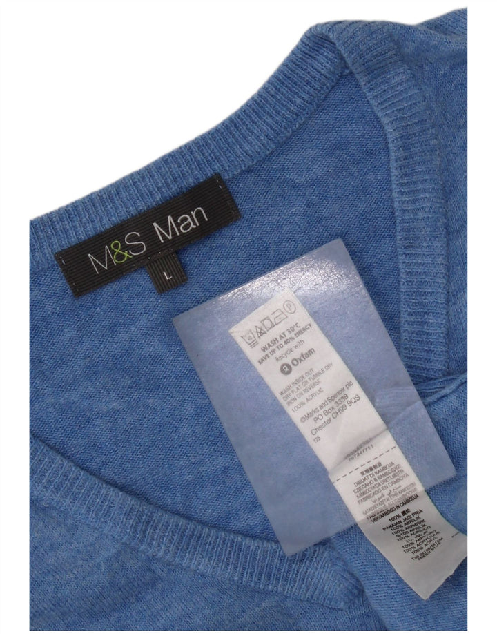 Suéter masculino Marks & Spencer com decote em V grande acrílico azul