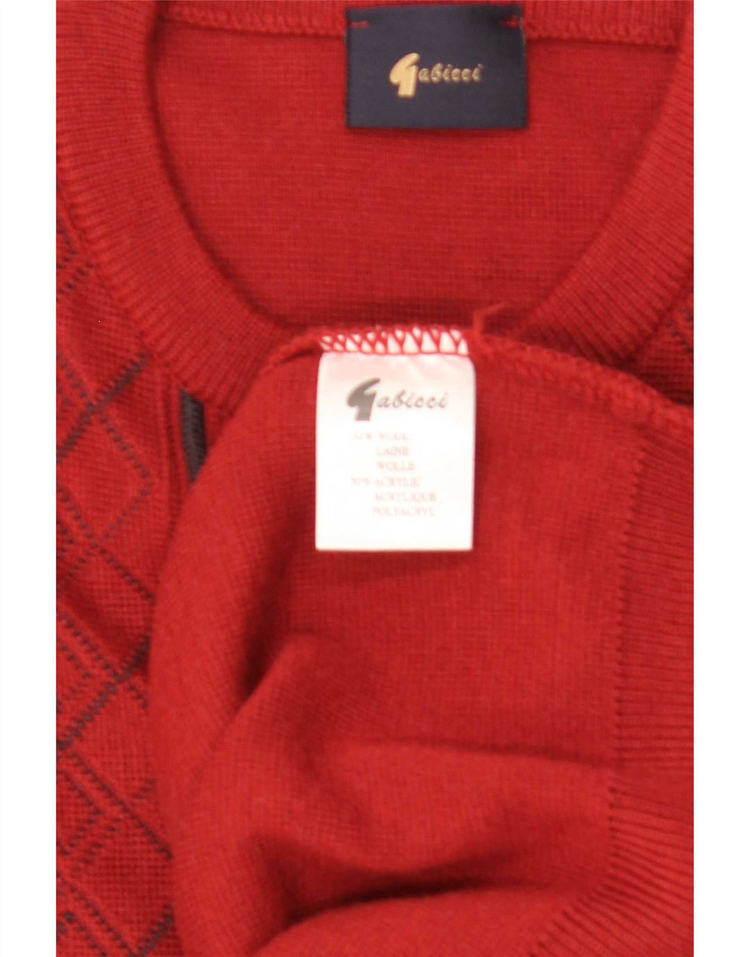 Gabicci Suéter masculino com gola redonda grande vermelho Argyle/lã diamante