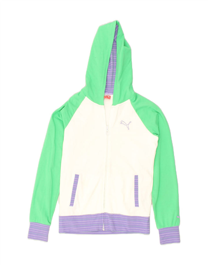 PUMA Girls Zip Hoodie Sweater 13-14 Years Green Colourblock Cotton | Vintage Puma | Thrift | Second-Hand Puma | Used Clothing | Messina Hembry 