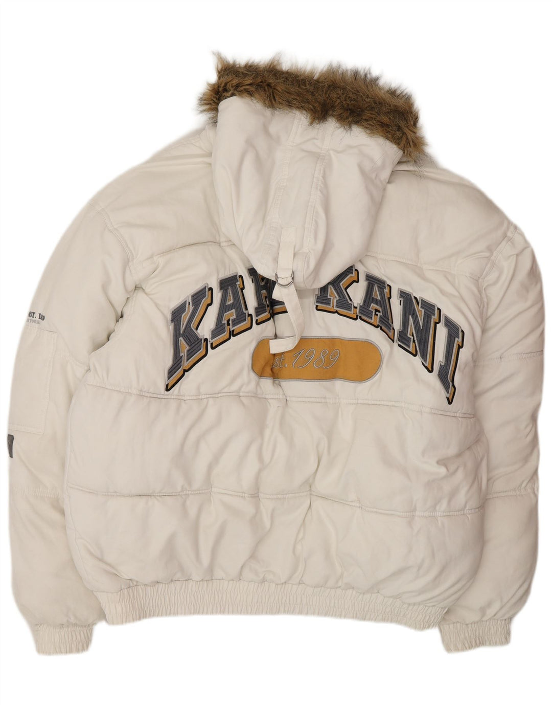 Jaqueta masculina acolchoada com capuz gráfico KARL KANI UK 44 2XL poliéster branco